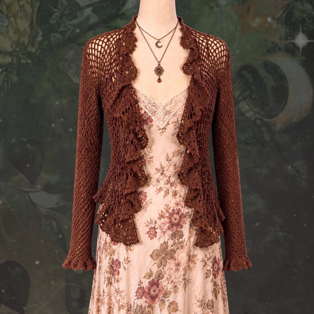 Chocolate Brown Crochet Ruffle Cardigan XS S Fairy Whimsigoth Boho